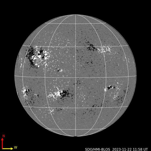 //CESSI SPACE WEATHER BULLETIN//22 NOVEMBER 2023//SUMMARY: MODERATE SPACE WEATHER CONDITIONS// A large complex of active regions 13490, 13491, 13492, 13495 and 13497 is rotating towards disc center and has been flagged as flare productive by the CESSI ML/AI algorithm. +
