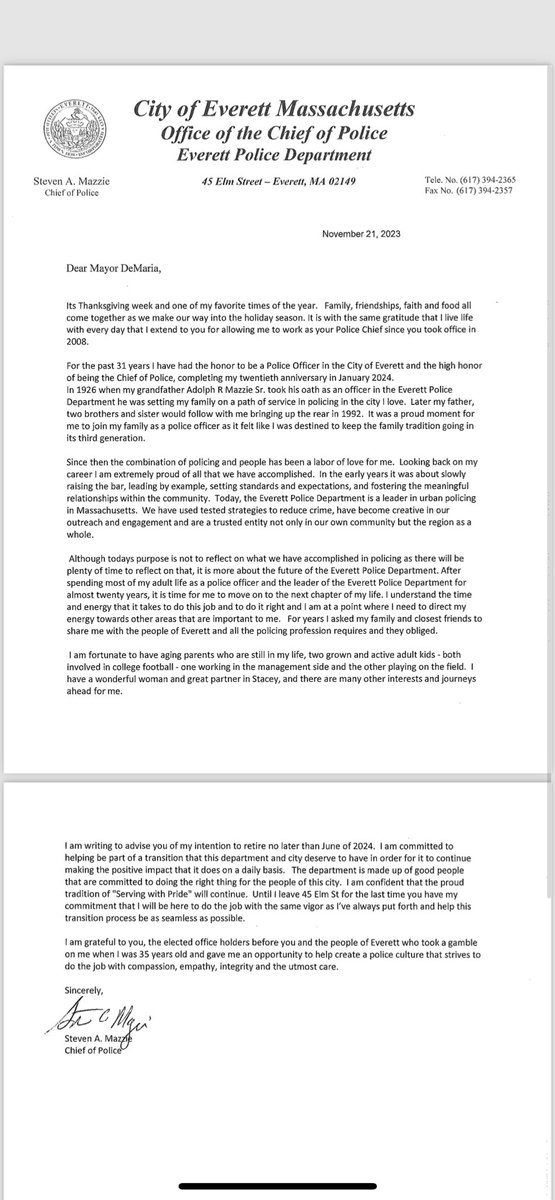 It’s Thanksgiving week &amp; there is much to be thankful for. One of those things has been serving as Police Chief for almost 20 years <a href="/everettpolicema/">Everett Police</a>. Yesterday I informed my Mayor of my intentions to retire in 2024. Next chapter will soon be written. 🙏💙 🚔