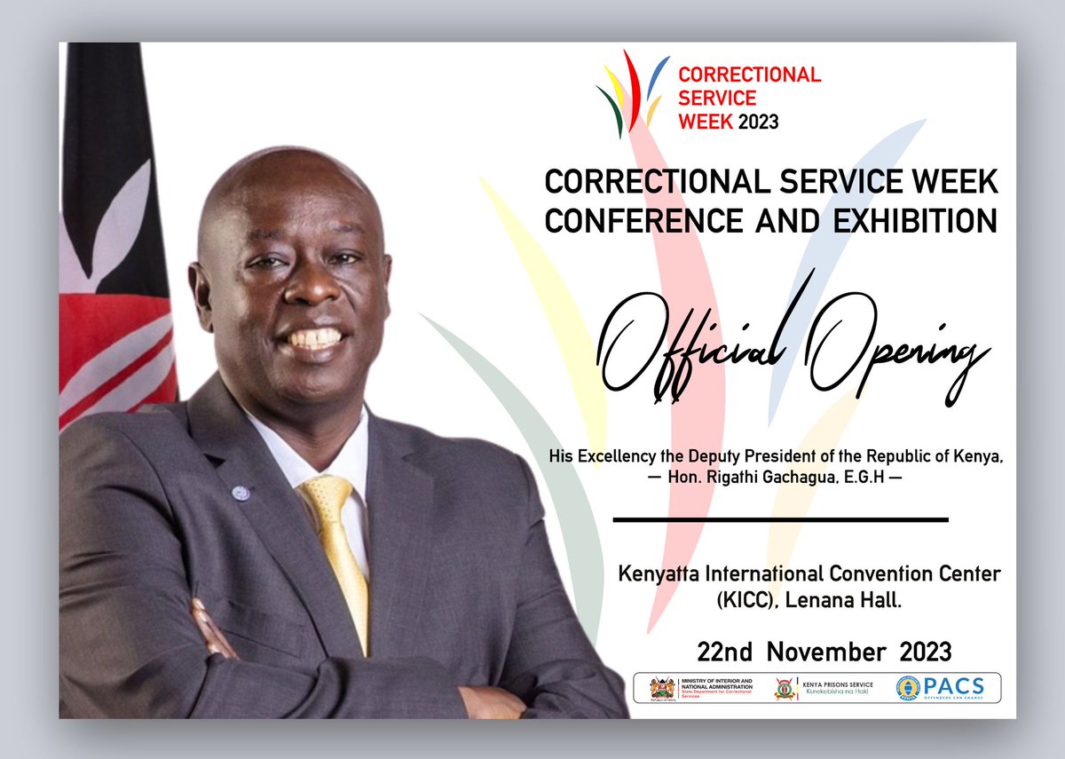 OFFICIAL OPENING OF THE CORRECTIONAL SERVICE  WEEK 2023: Graced by His Excellency the Deputy President of the Republic of Kenya,Hon Rigathi Gachagua, E.G.H

youtube.com/watch?v=v0jf-e…

#CorrectionalServiceWeek2023 
#CorrectionalServiceWeek
#CSW2023
#CSW
#Rehabilitationandreformation