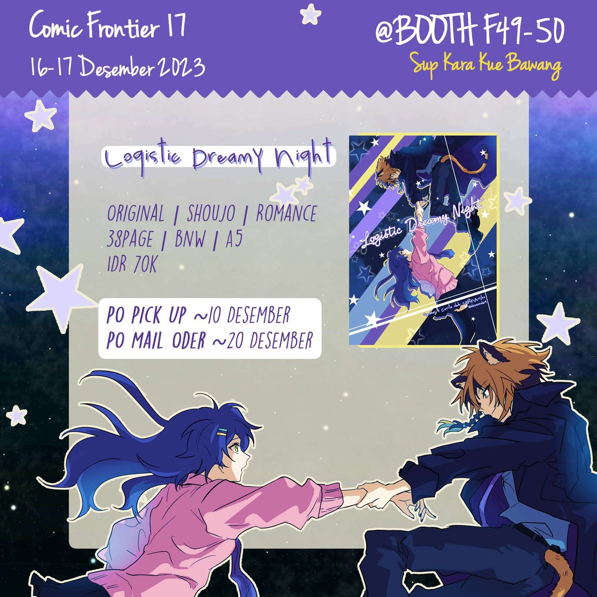 Hai! Aku kembali dengan reprint komik originalku 

[ONESHOT]🌙Logistic Dreamy Night✨
'Keinginan untuk melanjutkan hidup' apa hal semacam itu bisa dipesan lewat jasa antar kirim?

Genre:Shoujo, drama
Tersedia PO pick-up dan mail-order
Link di reply!

#cf17catalogue #comifuro17 