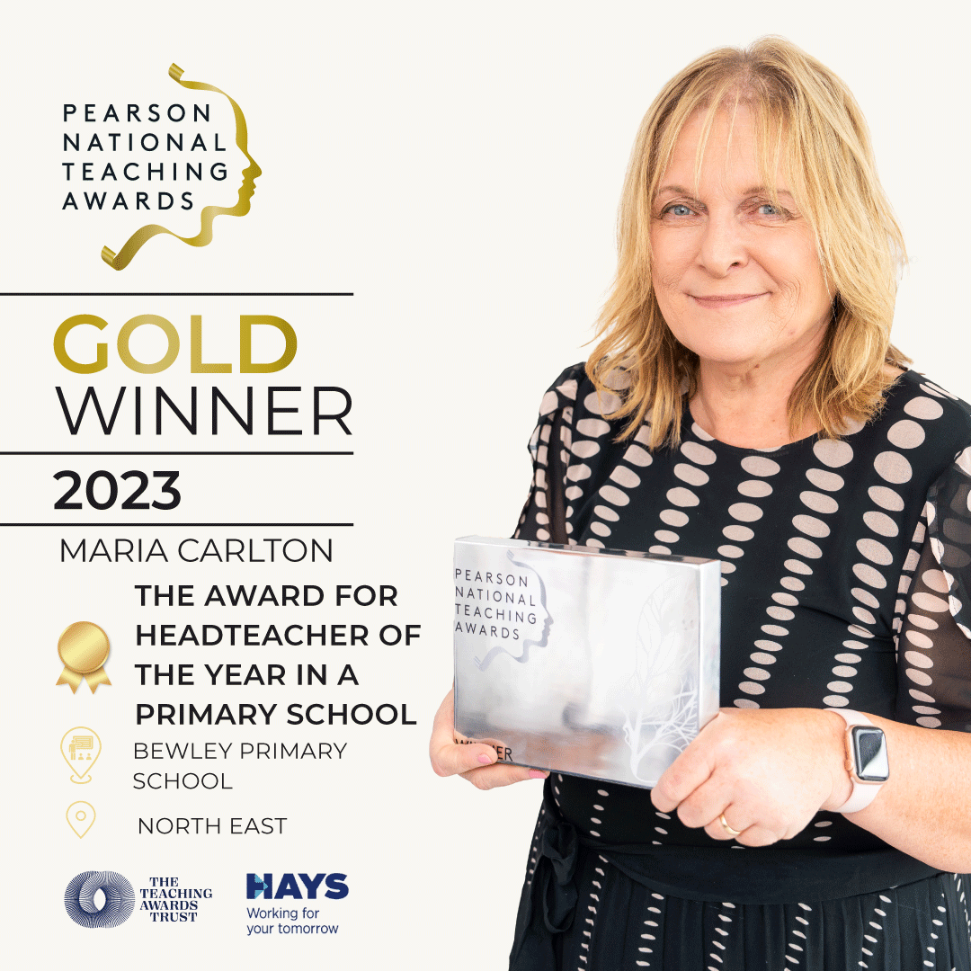 Congratulations to the GOLD winner of The Pearson National @teachingawards Headteacher of the Year in a Primary School, which goes to Maria Carlton of @Bewleyprim in Billingham, Durham! Visit link.hays.com/3uw8jM8 to learn how you can enter the 2024 awards! #teachingheroes