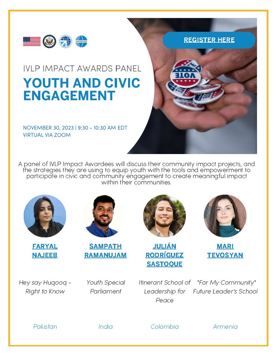 Young people can make a difference locally and globally. Next week, 2023 #IVLP Impact Award recipients will moderate a virtual conversation on ways to support the meaningful participation of youth in civic and community engagement. 🗓️ When: November 30 at 9:30 AM ET Don't miss…