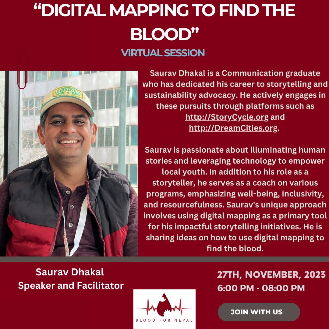bloodfornepal's tweet photo. Lets introduce our Speaker and Facilitator Mr. @Saurav Dhakal.
We are going to organize virtually session on the topic "Digital Mapping to find the blood"
Date: 27th November, 2023
Time: 6:00 pm sharp
#BFN #BloodForNepal #WeShareWeCare #BFNTeam #BloodForNepalTeam #RagataKaKura https://t.co/qDlPrag5Fo