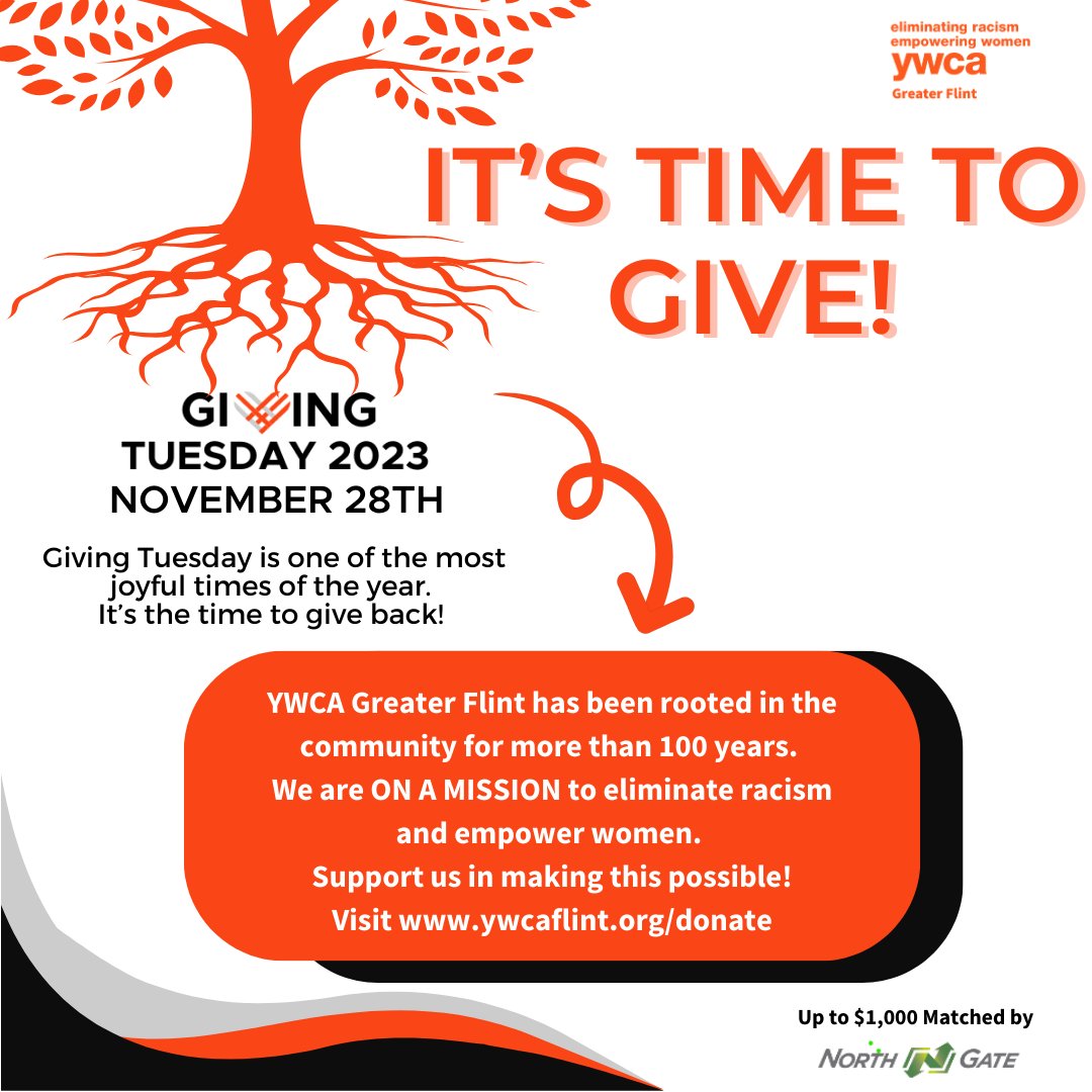 It's officially #GivingTuesday2023 and we are on a mission to eliminate racism and empower women.  You can help by donating today to ywcaflint.org/donate and have your gift matched by NorthGate.  #ywcagreaterflint