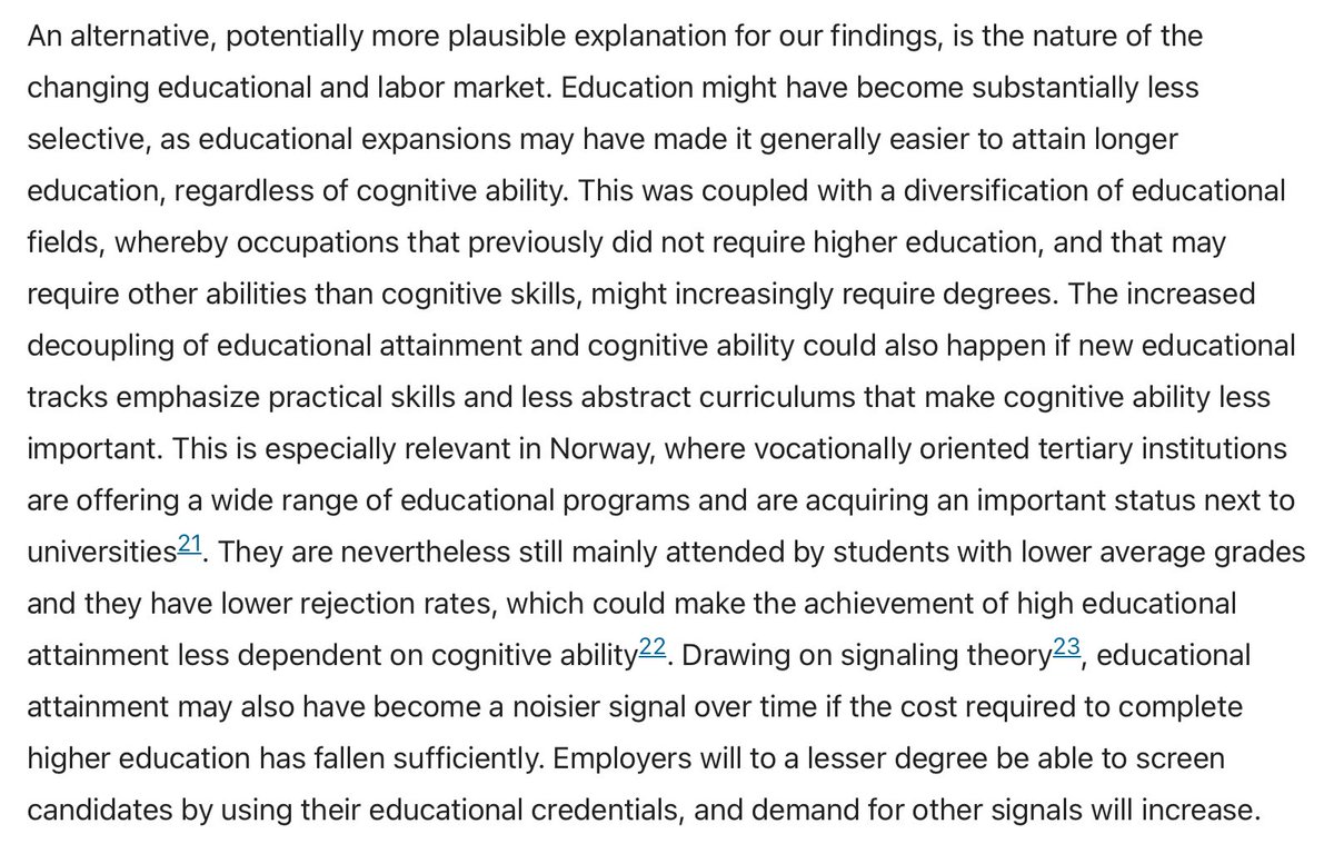 Contrary to expectations, the correlation between cognitive ability and educational attainment has weakened over time. doi.org/10.1038/s41598…
