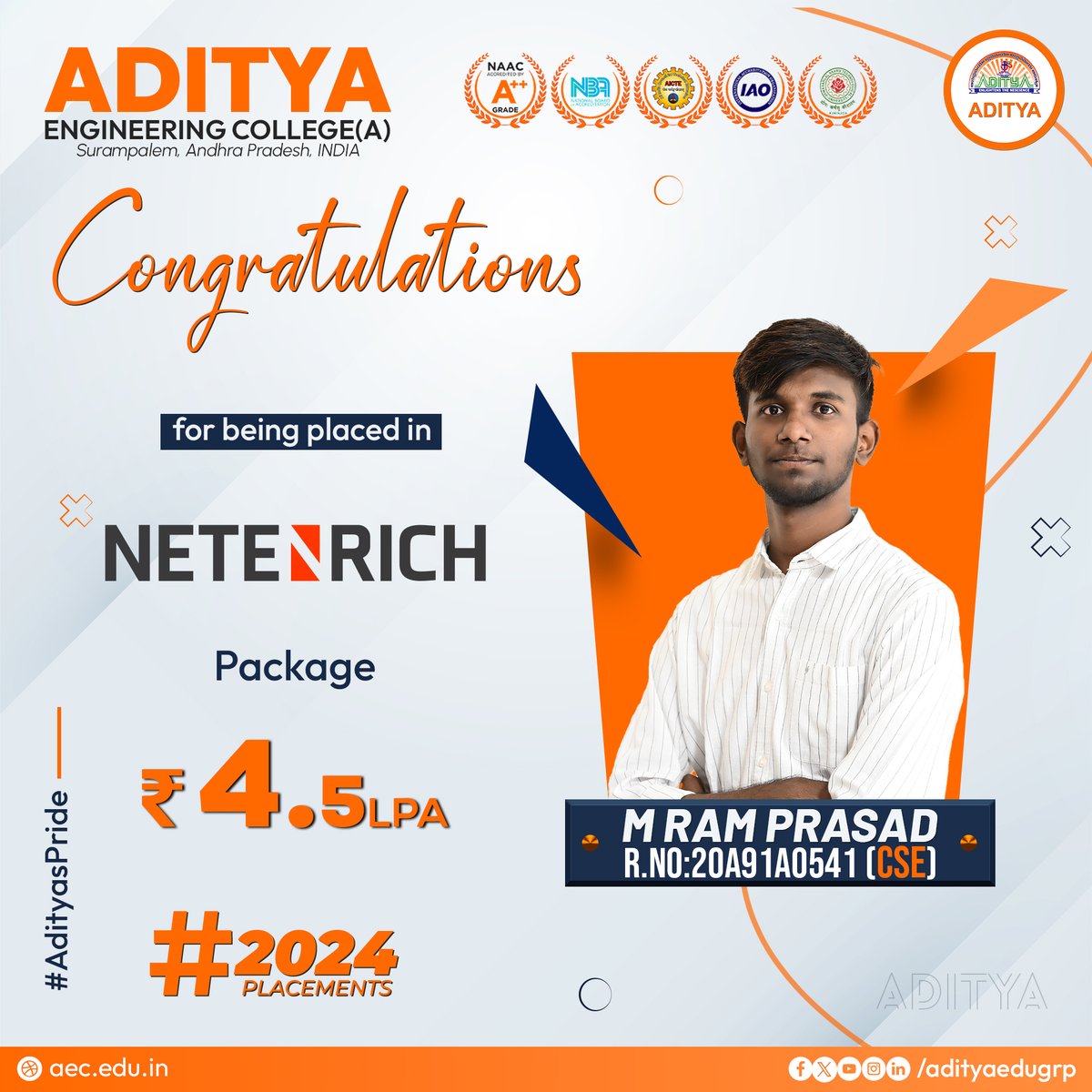 adityauniv's tweet photo. Congratulations...🎉🎊
Ram Prasad for being placed in NETENRICH with a Package of 4.5LPA.
#Aditya #NETENRICH #2024Placements #AdityasPride #AchieveWithAditya #RisingToNewHorizon https://t.co/ulk6hOj1Qc