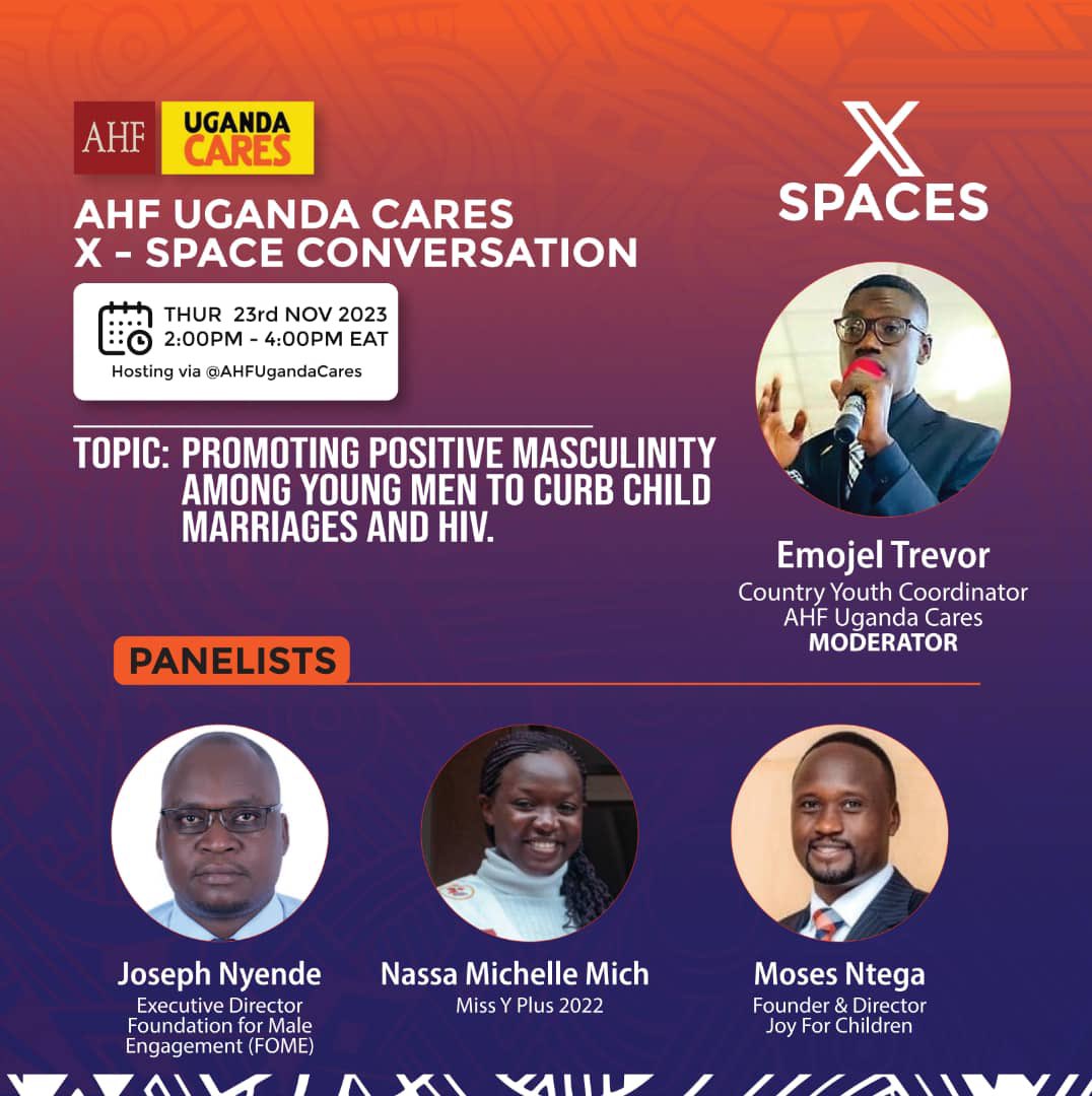 Join us for an X spaces conversation tomorrow. Theme: “Promoting Positive Masculinity among young men to curb child marriages and HIV” Date : 23rd November,2023 Time : 14:00pm to 16:00pm EAT Set your reminders 👇👇👇 twitter.com/i/spaces/1zqJV…