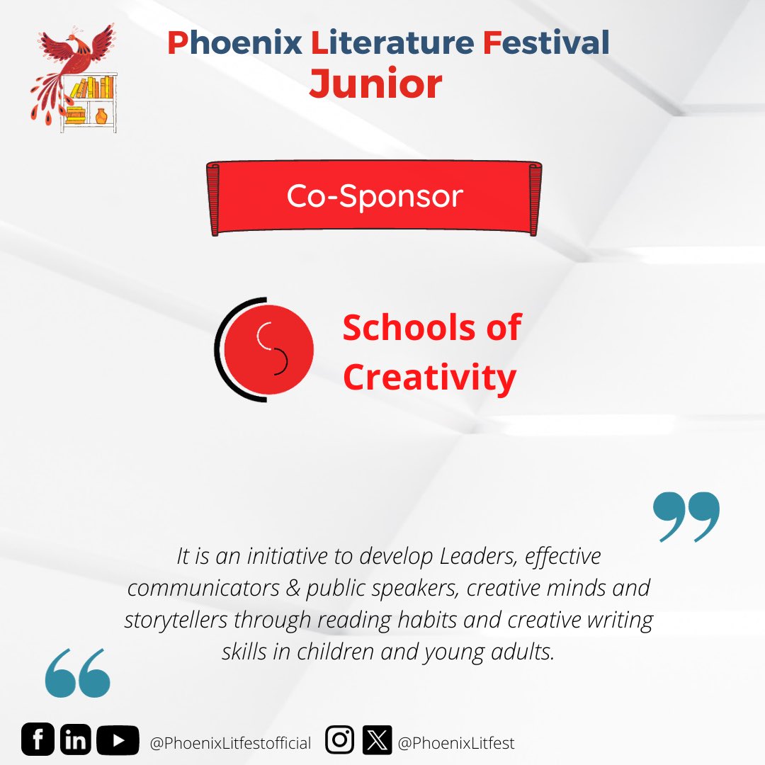 PhoenixLitfest's tweet photo. We are happy to share our Co-sponsor Schools of Creativity for event.

It is an initiative to develop Leaders, effective communicators &amp; public speakers, creative minds and storytellers in children and young adults

Website: https://t.co/vmtmXbnOXX

#plftalks #plflitfest2023 https://t.co/oUpM2w1tXt