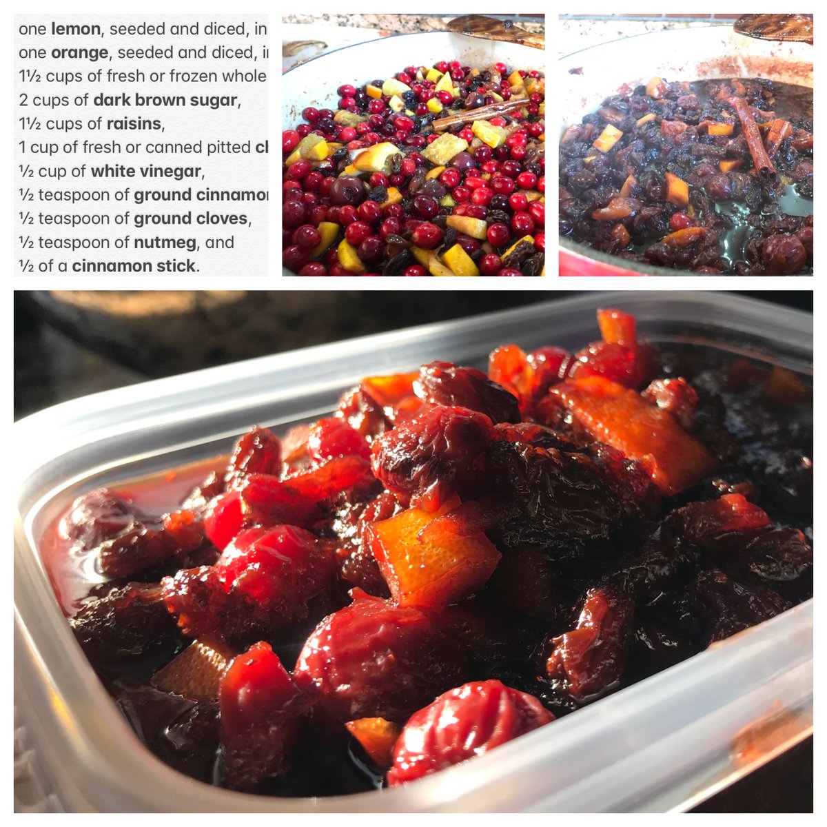 Annual repost of my dad’s cranberry relish recipe, with cherries, lemon, orange, raisins, and warm spices. Happy Thanksgiving, all. github.com/kriegsman/cran…
