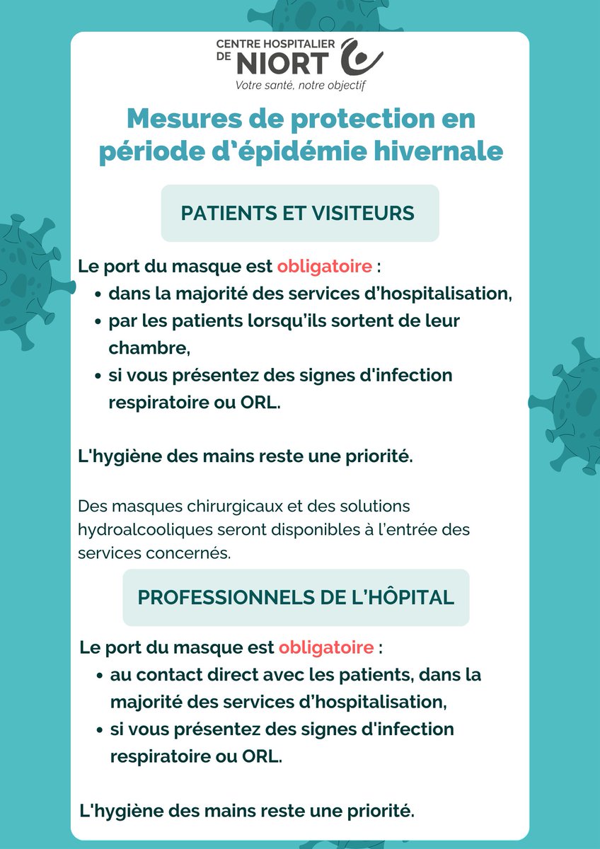 [NOS ACTUALITÉS] Au regard des épidémies hivernales, les mesures de protection des patients et des soignants du Centre hospitalier de #Niort évoluent. 😷 Consultez-les ci-dessous ⬇️