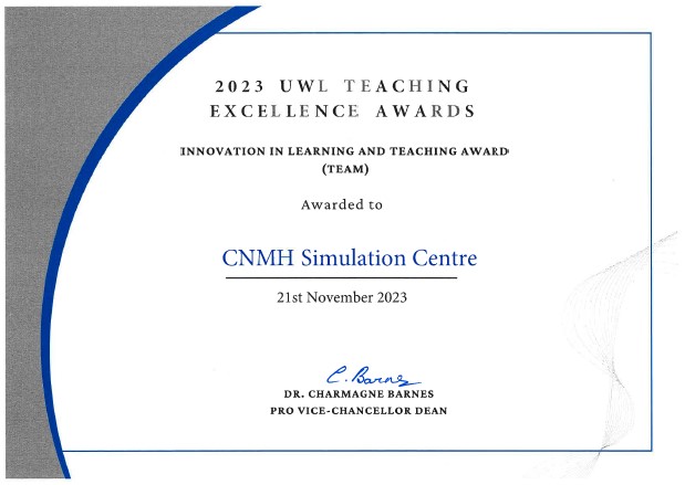UWLSimCentre's tweet photo. UWL CNMH Simulation Centre win Innovation in Learning &amp; Teaching Award (Team) for the second year in succession! #TeamSim #CNMH #UWL https://t.co/NKzzaBwmoO