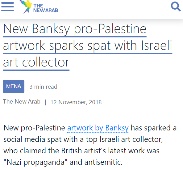 zei_squirrel's tweet photo. when Banksy made pieces in support of Palestine he was accused of being a "Nazi propagandist" and "anti-Semite" by pro-Israel freaks. They then stole his work from Palestinian lands and put it up in their own art galleries, a perfect metaphor for the Israeli regime https://t.co/jdx5wrDKiE