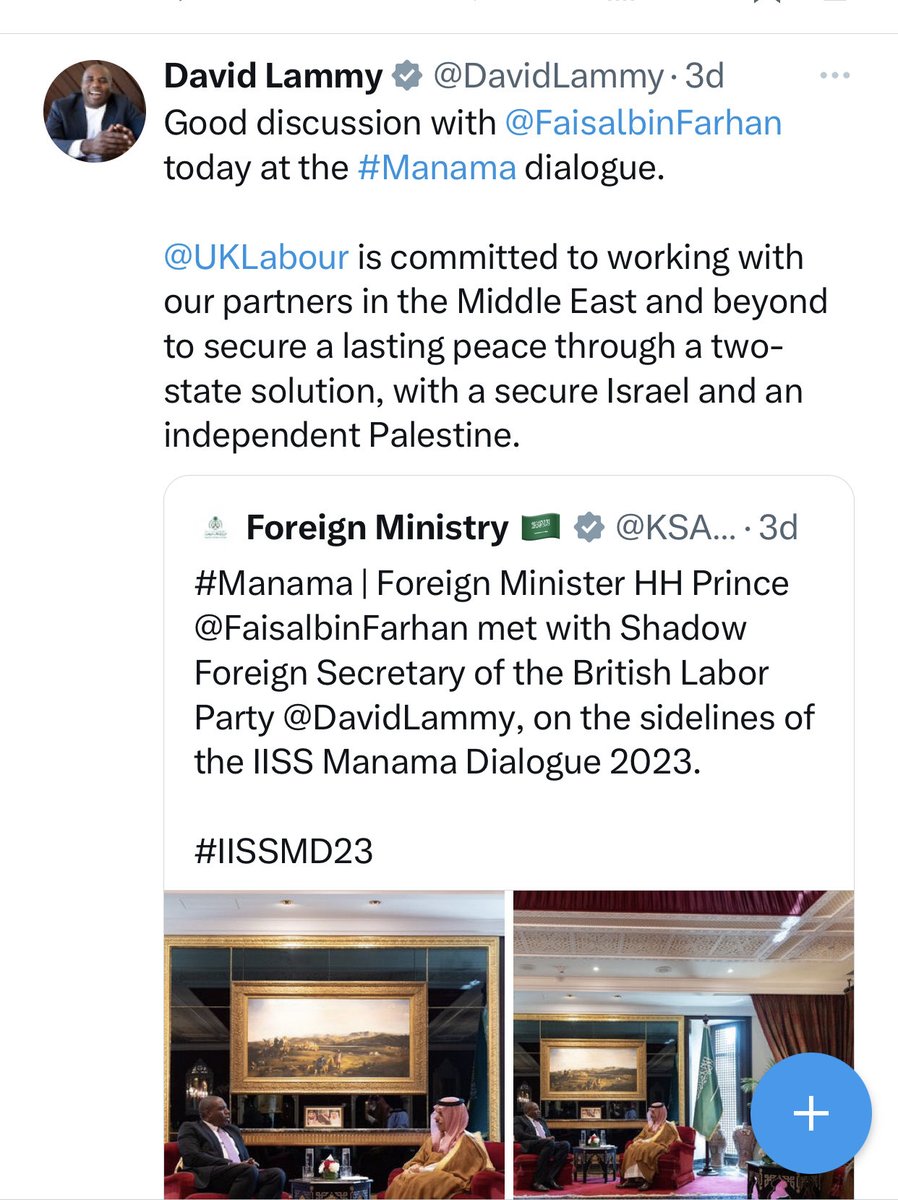 declassifiedUK's tweet photo. David Lammy meets with foreign minister of the dictatorship of Saudi Arabia, having met him in the dictatorship of Bahrain, and then tweets about “our partners” in the Middle East. https://t.co/S6KMCzbCQD