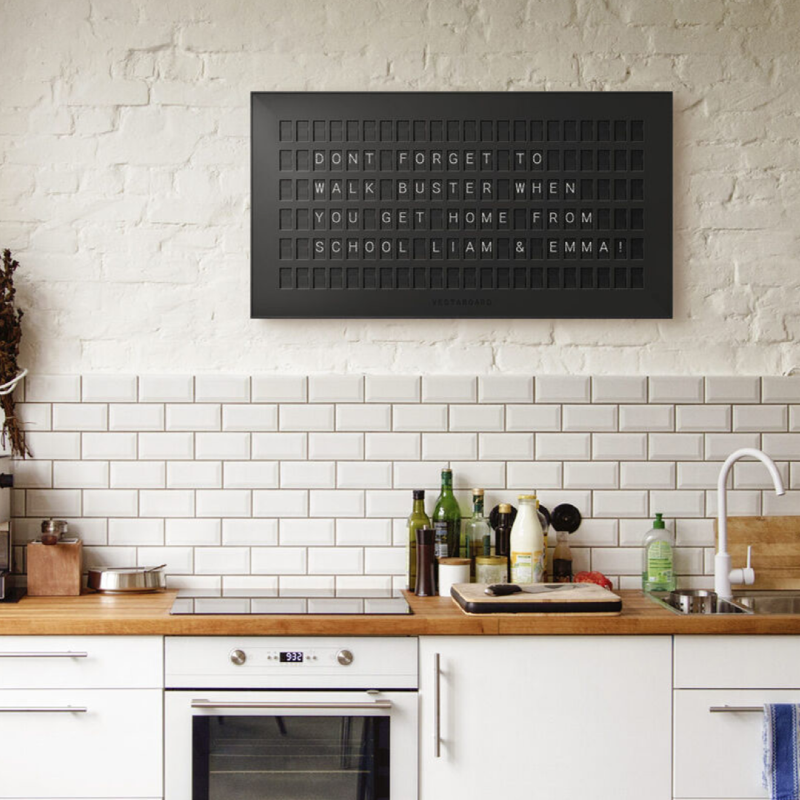 vestaboard's tweet photo. Meet Vestaboard: the award-winning messaging display at the intersection of art and home tech. Send notes to your loved ones, showcase beautiful designs, &amp; connect to calendar, weather, stocks, and more with Vestaboard+.