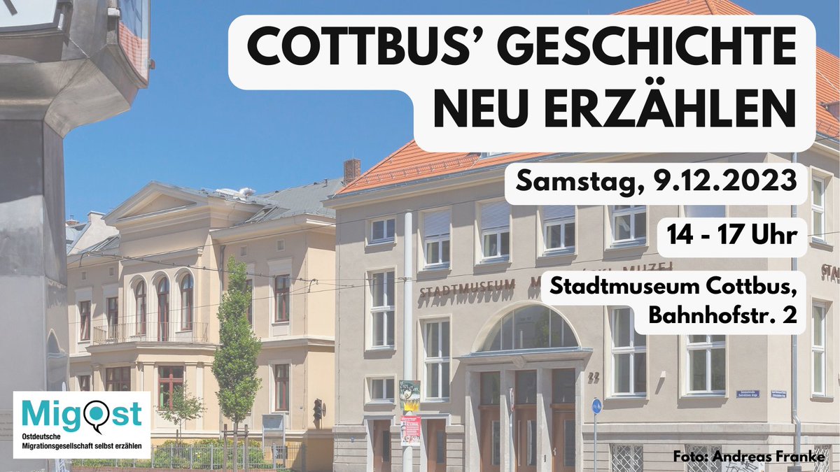 Cottbuser PoC &amp; Menschen mit Migrationsgeschichte wollen einen Platz im #Stadtmuseum #Cottbus. Wie  das im Detail aussehen soll, diskutieren wir am Samstag/9.12. im Stadtmuseum. Kommt &amp; diskutiert mit!
Infos: damost.de/aktuelles/migr… 
@GSW_TUDresden @damost_ev <a href="/BTU_CS/">BTU Cottbus-Senftenberg</a> <a href="/GNCottbus/">Geflüchteten Netzwerk Cottbus e.V.</a>