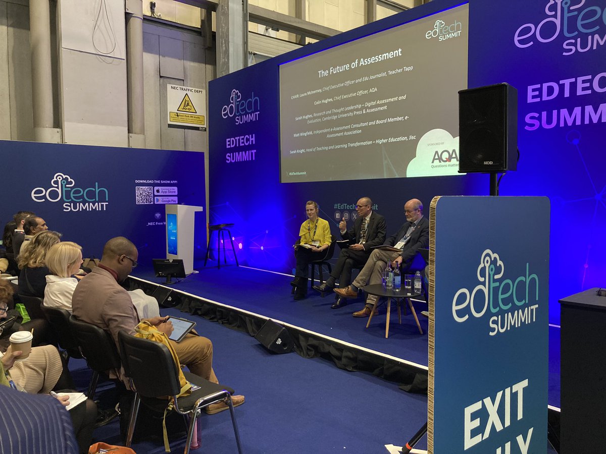 AQA's tweet photo. What prospects exist for the future of assessment and how will the increased use of Artificial Intelligence affect assessment?
Our CEO, Colin Hughes, joins the panel discussion on the main stage at the @EdTech_Summit.
#EdTechSummit23 #EdTech https://t.co/Ko0DSWSxu8