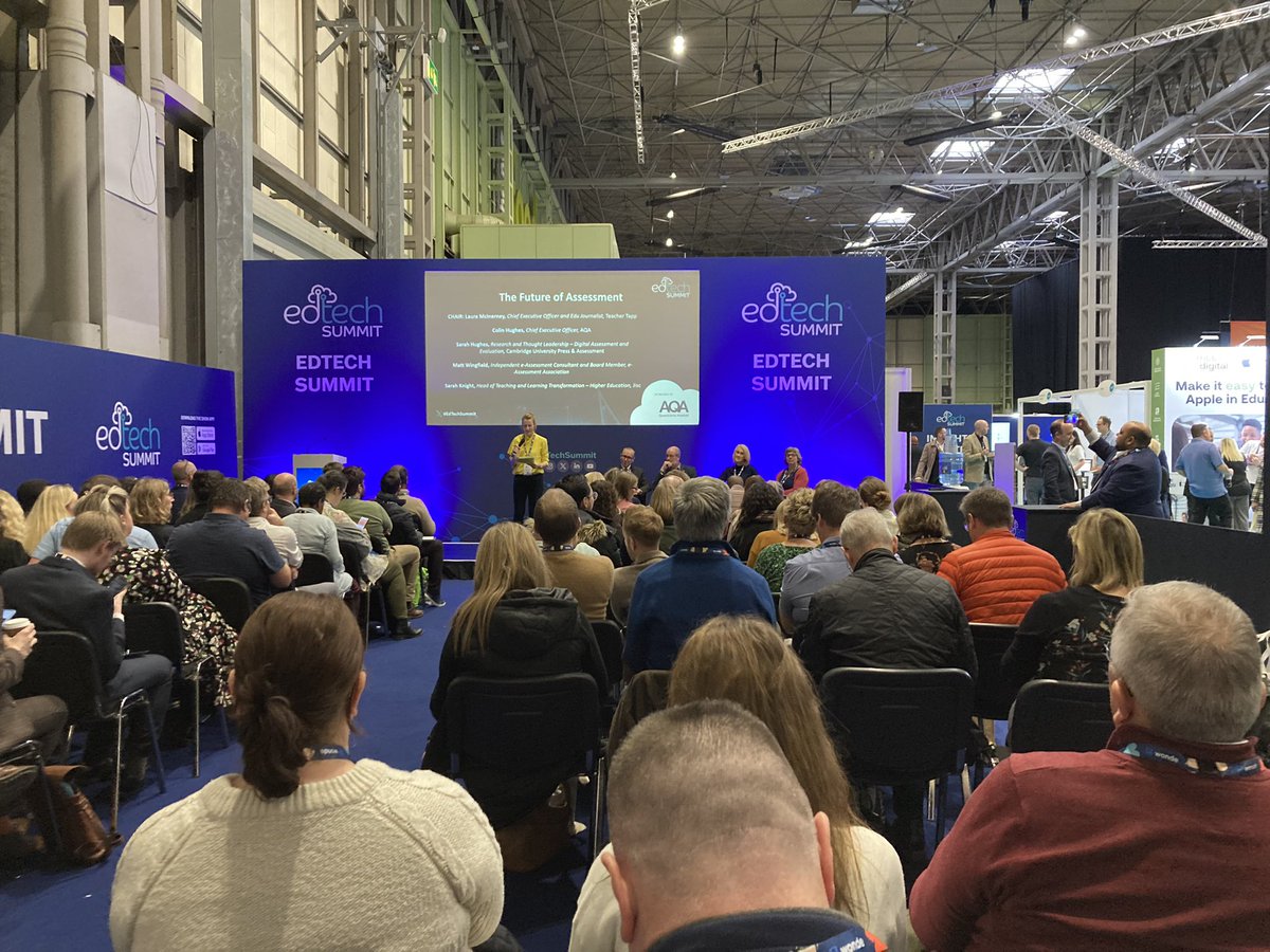 AQA's tweet photo. What prospects exist for the future of assessment and how will the increased use of Artificial Intelligence affect assessment?
Our CEO, Colin Hughes, joins the panel discussion on the main stage at the @EdTech_Summit.
#EdTechSummit23 #EdTech https://t.co/Ko0DSWSxu8