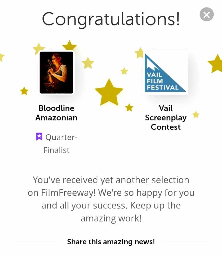 IannisAliferis1's tweet photo. Honored my #action #adventure #tv #pilot #screenplay #bloodlineamazonian is #quarterfinalist at #vailscreenplaycontest #script available 4 #filmproducers #filmmakers #filmcompanies & #developmentexecutives โฆ #bestpilotscript #usa #filmfestival #screenwriter #scribe #writer https://t.co/KxRyRvFyu1