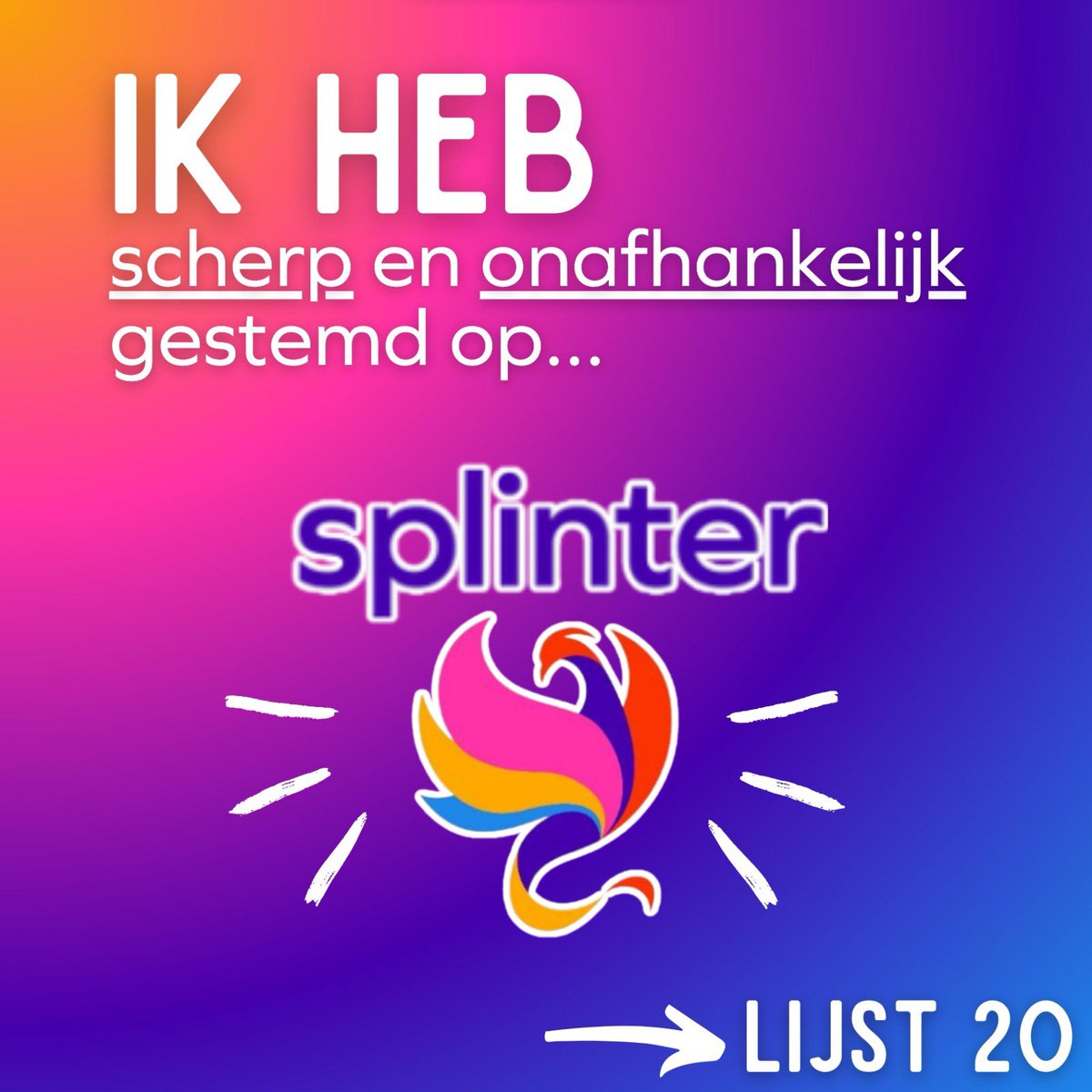 Ik heb gestemd voor scherpe en onafhankelijke volksvertegenwoordiging. Ik heb gestemd voor verbindende, sociaal liberale en groene politiek. Ik heb gestemd op @SplinterNL en <a href="/FemkeMerel/">Femke Merel van Kooten</a> #lijst20 #verkiezingen2023 #stemsplinter