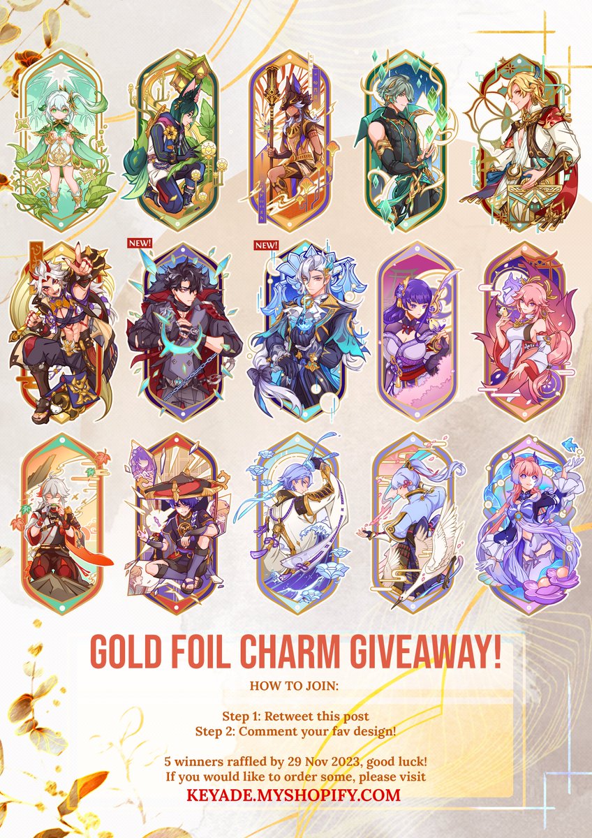 KeyadeArt's tweet image. Running this Genshin gold foil charm raffle again to thank y'all for being so supportive of this series!✨To join, just RT + comment your fav design. There are 4 new designs too, have fun and good luck! #genshinimpact #原神