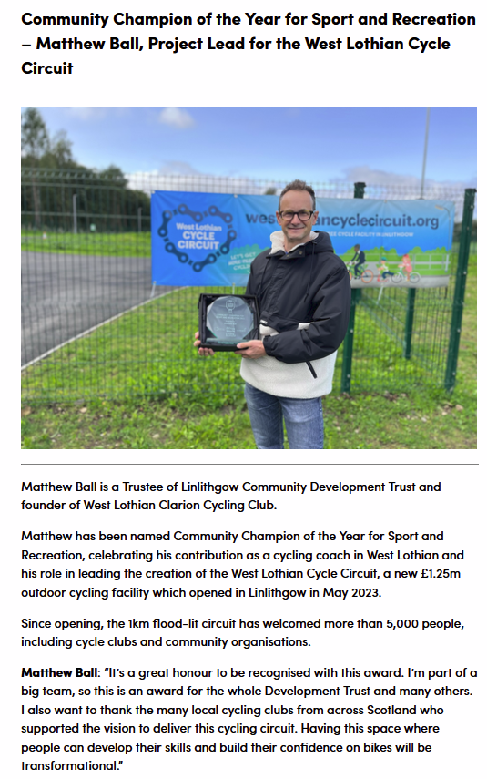 SpokesLothian's tweet photo. 🤩Congrats #MatthewBall
of @TrustLinlithgow+@WLClarion
@CyclingScotland champion for work creating @WLcyclecircuit
"a transformational space to develop skills & build confidence"
->https://t.co/aVjeXZiBbL
We've donated a WL #SpokesMap to display like @WLBikeLibrary
@kittysull1 https://t.co/ibPWcvHNm8