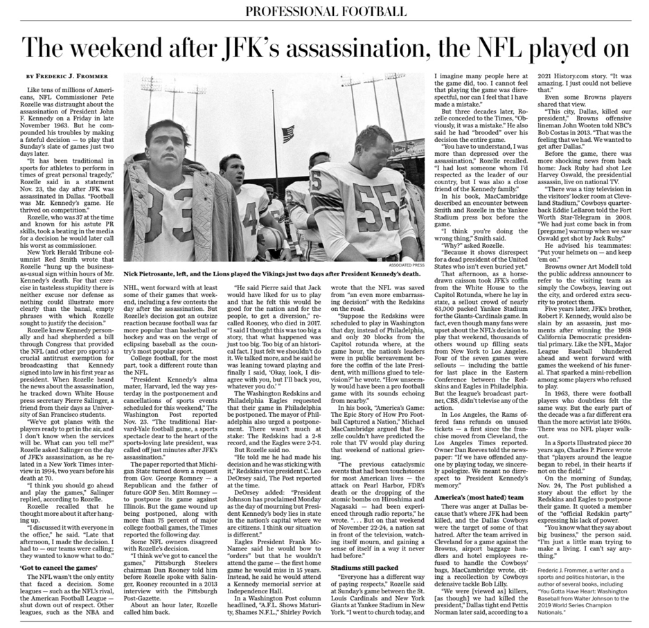My story in today's <a href="/washingtonpost/">The Washington Post</a> on the #NFL's decision to keep playing just two days after JFK's assassination, which Pete Rozelle later called his worst decision as commissioner. #JFK60 <a href="/ETNpalattella/">Ed Palattella</a> <a href="/DWaldstreicher/">D Waldstreicher</a> <a href="/jbhjamie/">Jamie Hammond</a>