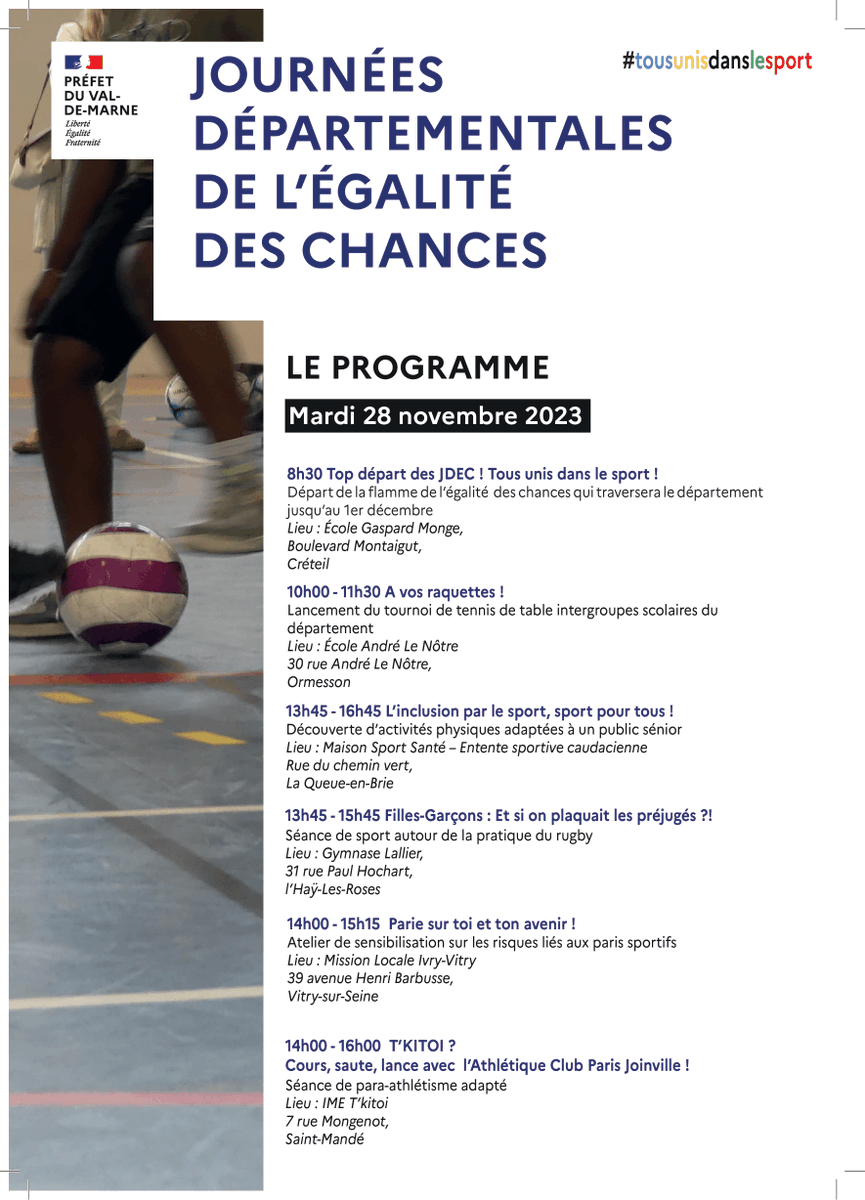 cdos94's tweet image. Pour leur troisième édition, la Préfecture du 94 organise les journées départementales de l’égalité des chances du 28 au 30 novembre et la clôture le 1 décembre 2023.
 
 #sport #sportpourtous #sportsante #valdemarne #JDEC #sportinclusion #JOP2024