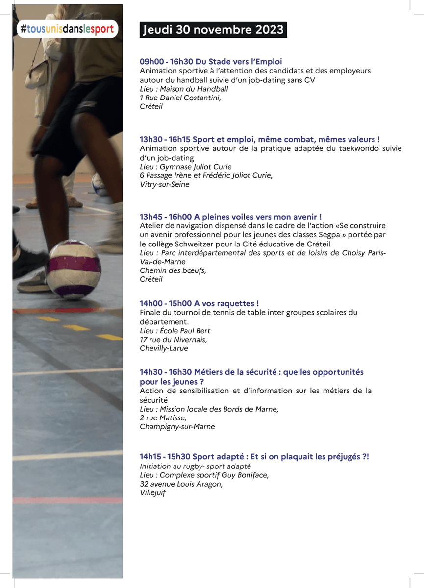 cdos94's tweet image. Pour leur troisième édition, la Préfecture du 94 organise les journées départementales de l’égalité des chances du 28 au 30 novembre et la clôture le 1 décembre 2023.
 
 #sport #sportpourtous #sportsante #valdemarne #JDEC #sportinclusion #JOP2024