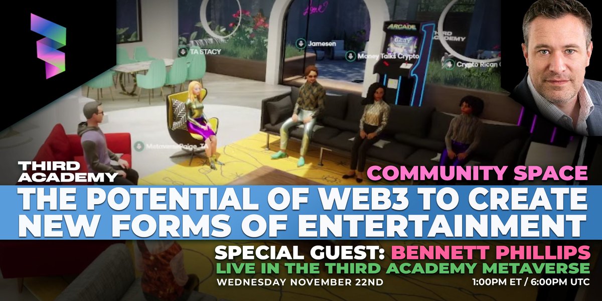 TODAY! Wed, November 22, 2023, at 6:00 PM UTC Bennett Phillips, a leading expert in Web3 joins Third Academy community manager <a href="/RitaMkpado/">Paul Rita 🩺</a>
Fill out the simple events form lnkd.in/dweP7pCx, to gain access to this exclusive space in the Metaverse Lounge.
#web3 #metaverse