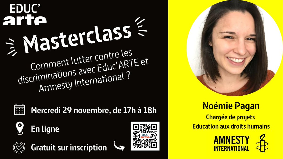 ARTE pro (@artepro) on Twitter photo 📢 <a href="/amnestyfrance/">amnestyfrance</a> et <a href="/EducARTEfr/">Educ'ARTE</a> organisent en ligne une passionnante masterclass sur le thème "Comment lutter contre les #discriminations ?" avec <a href="/NoemiePagan/">Noémie Pagan</a>, le 29.11 à 17h.
#Education #DroitsHumains #Ressources <a href="/ARTEfr/">ARTE</a>
Gratuite/sur inscription ici 👉 tinyurl.com/a23men4j 📢 <a href="/amnestyfrance/">amnestyfrance</a> et <a href="/EducARTEfr/">Educ'ARTE</a> organisent en ligne une passionnante masterclass sur le thème "Comment lutter contre les #discriminations ?" avec <a href="/NoemiePagan/">Noémie Pagan</a>, le 29.11 à 17h.
#Education #DroitsHumains #Ressources <a href="/ARTEfr/">ARTE</a>
Gratuite/sur inscription ici 👉 tinyurl.com/a23men4j