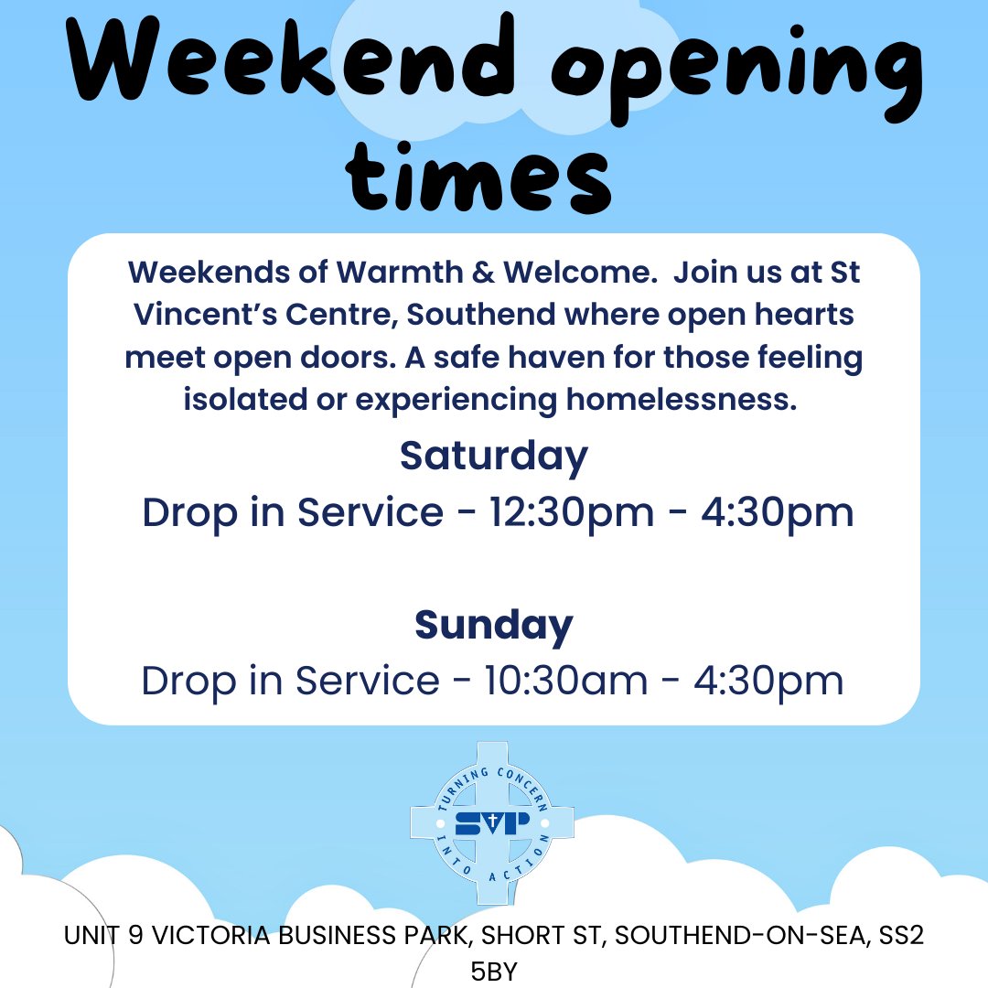 s_southend's tweet photo. 🌟 Weekend Support for All! 🤝

Join us at St Vincent’s Centre every weekend for:

Lunch and hot beverages 🍲

Safe space 🏠

Community support 👥

Share to spread the word! Let's make weekends better together. 💙 #CommunitySupport #WeekendProvision #YouAreNotAlone https://t.co/B6qnbzufA3