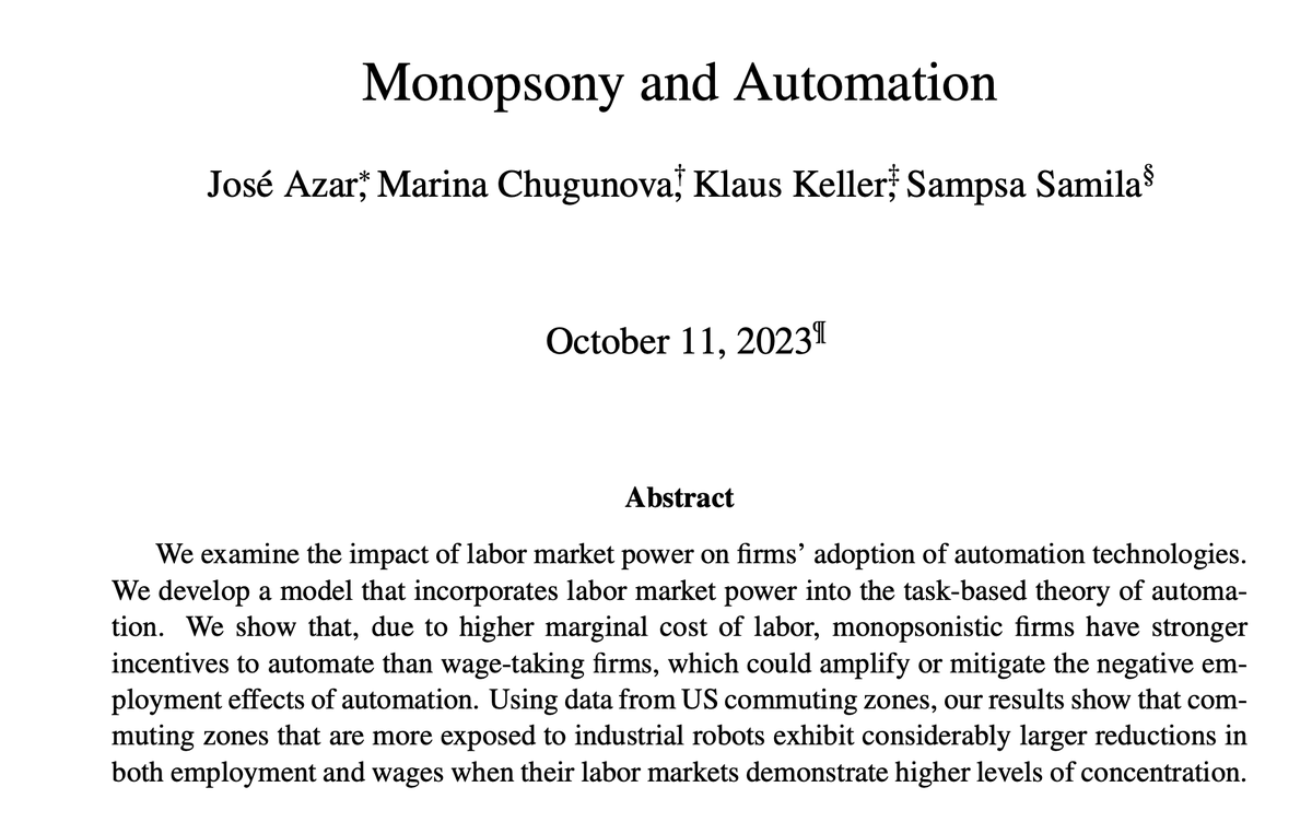 José Azar (@joseazar) on Twitter photo 1/ New paper with Marina Chugunova, <a href="/k_wind_essenz/">Klaus Keller</a>, and <a href="/SampsaSamila/">Sampsa Samila</a>.
We introduce monopsony power in a task-based automation model a-la <a href="/DAcemogluMIT/">Daron Acemoglu</a> and <a href="/pascualrestrepo/">pascual restrepo</a>.
dropbox.com/scl/fi/5isc2e5… 1/ New paper with Marina Chugunova, <a href="/k_wind_essenz/">Klaus Keller</a>, and <a href="/SampsaSamila/">Sampsa Samila</a>.
We introduce monopsony power in a task-based automation model a-la <a href="/DAcemogluMIT/">Daron Acemoglu</a> and <a href="/pascualrestrepo/">pascual restrepo</a>.
dropbox.com/scl/fi/5isc2e5…
