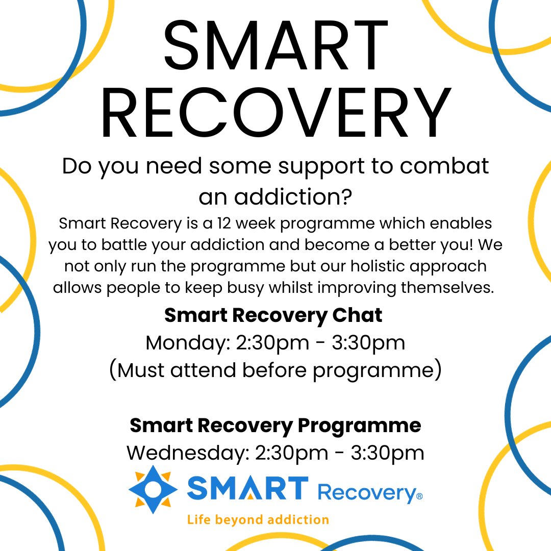 s_southend's tweet photo. Transform your recovery journey with Smart Recovery! 🌟 Join our 12-week program, open to all battling addiction

Chat - Monday 2:30-3:30pm (Must attend before program)

Program - Wednesday 2:30-3:30pm.

Your path to a brighter future starts here! 🌈✨  #EmbraceChange https://t.co/fv1koZu6uk