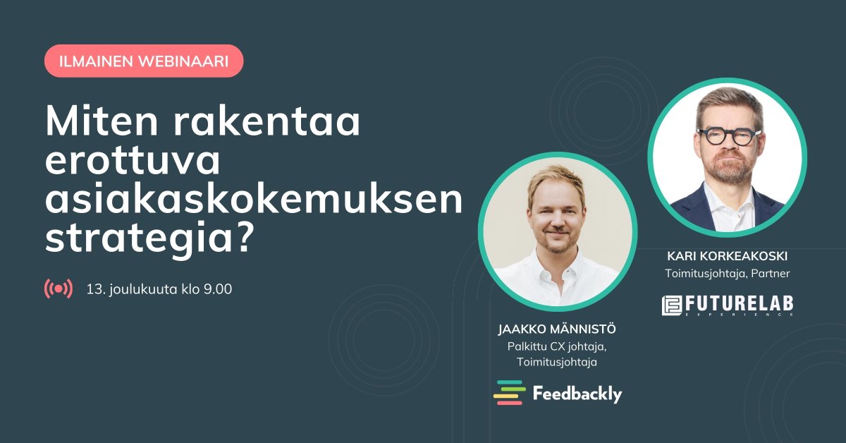 Your #CXstrategy plays a central role of the success or failure of your business. Tune in on December 13th when two of the best CX experts in Finland, Kari Korkeakoski and Jaakko Männistö, are sharing their tips for creating a winning CX strategy 🥇  👉 hubs.li/Q029KSzD0