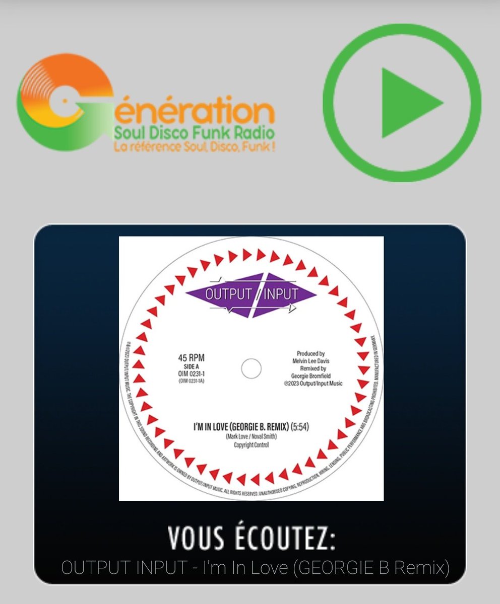 #NowPlaying #NewMusicFirst

"OUTPUT/INPUT - I'm In Love (GEORGIE B Remix)" sur GENERATION SOUL DISCO FUNK!
 
Écouter / Listen : link.infini.fr/apps_your_phone

cc <a href="/outputinputband/">Output/Input</a> @Georgie_Brom