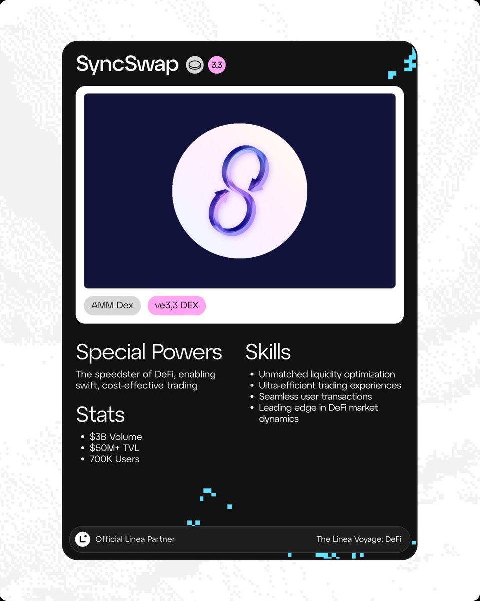 LineaBuild's tweet photo. @KyberSwap @LynexFi @PancakeSwap Meet @syncswap💎The speedster of DeFi, enabling swift, cost-effective trading✨ https://t.co/tryAni0iO3