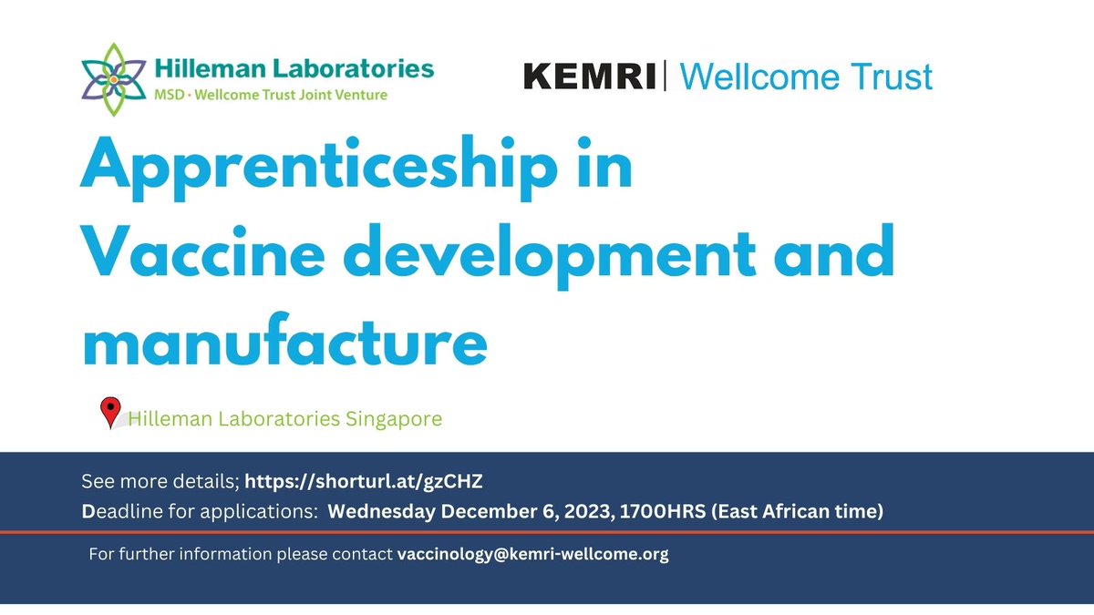 Exciting opportunities for African scientists! #KWTRP&amp; Hilleman Laboratories will be hosting 12-month #Apprenticeships in vaccine biomanufacture. More here: shorturl.at/gzCHZ <a href="/George_Warimwe/">George Warimwe</a>, <a href="/wellcometrust/">Wellcome</a> <a href="/GatesAfrica/">Gates Foundation Africa</a> <a href="/CEPIvaccines/">CEPI</a>