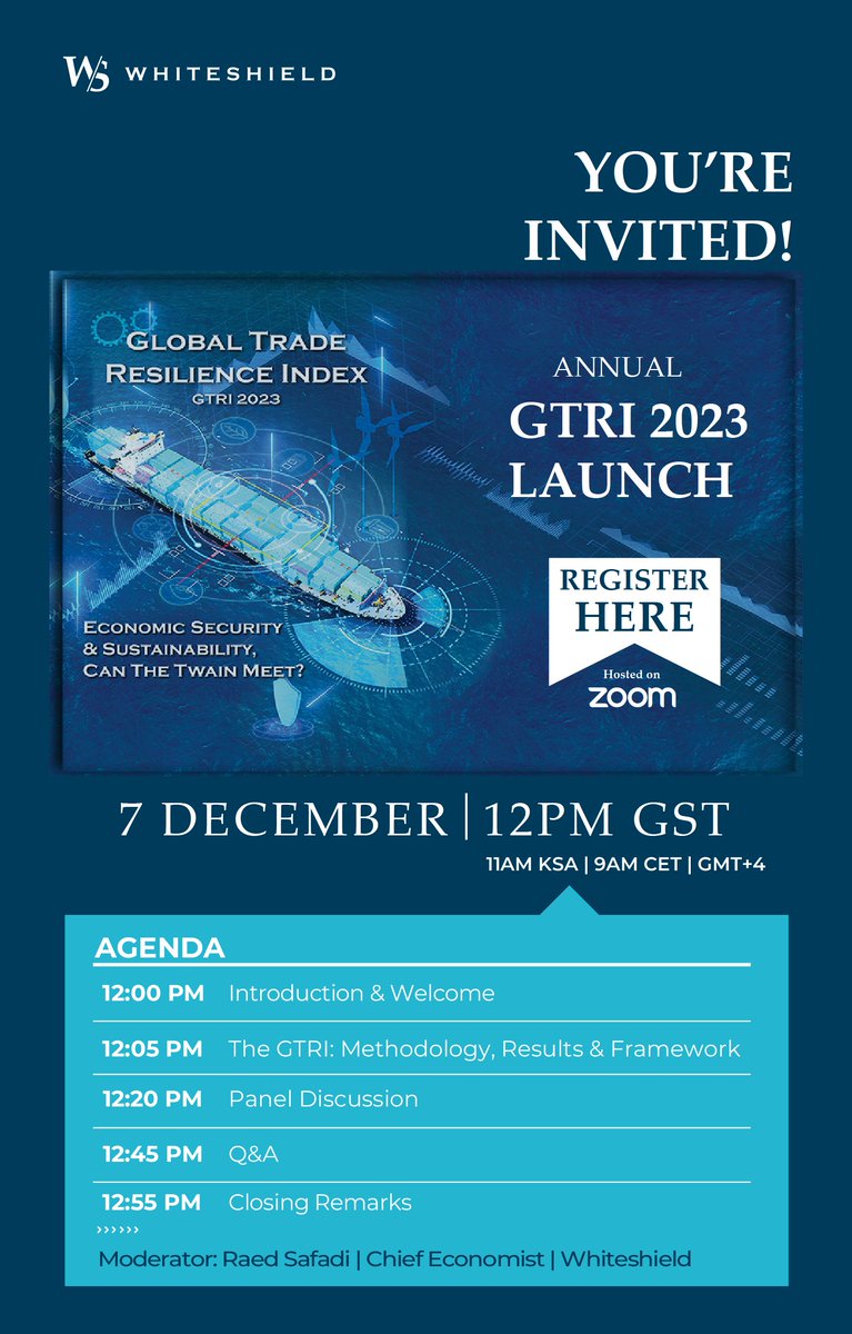 📧📣YOU'RE INVITED!
Register to Whiteshield's Launch of the Global Trade Resilience Index 2023.
🔗zoomto.me/mrkIs

#publicpolicy #policymakers #trade #economicsecurity #Sustainability #Index