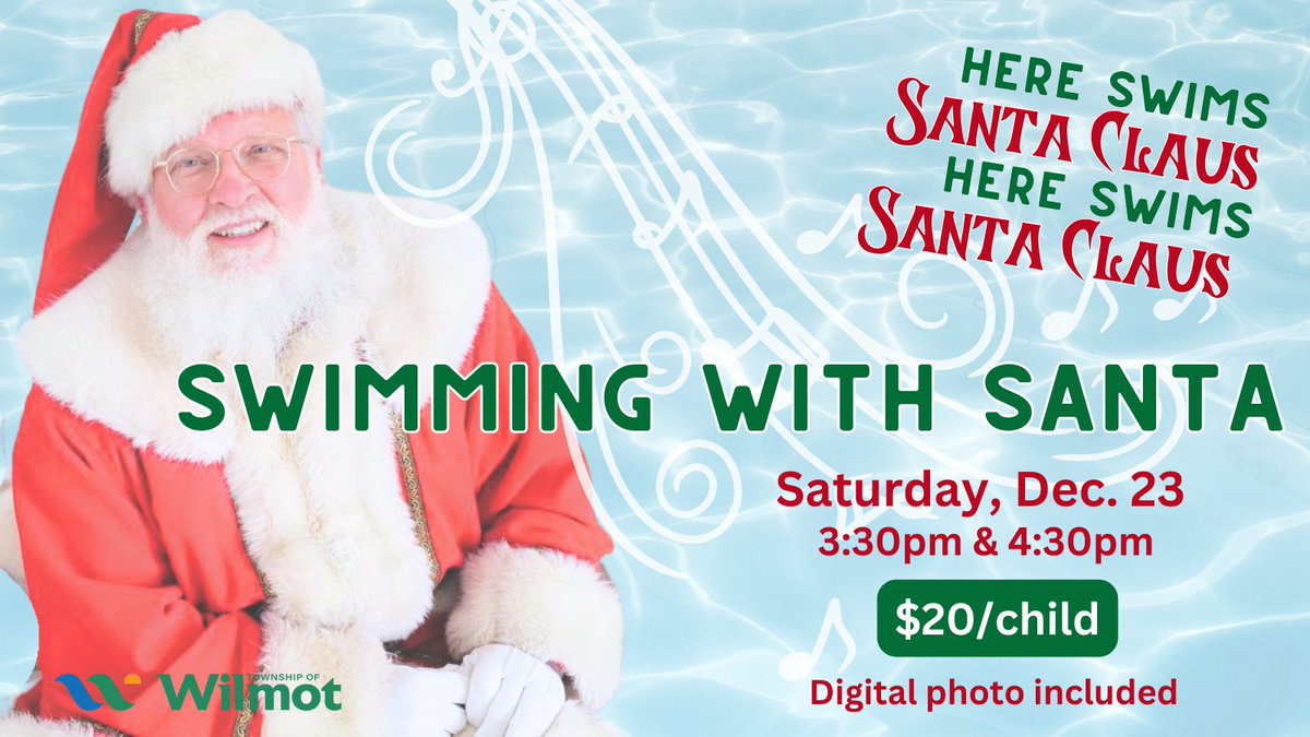 WilmotTownship's tweet photo. #SantaClaus is coming to Town-ship for a Swimming with Santa afternoon. Dec. 23, 3:30 p.m. or 4:30 p.m. at the Wilmot Recreation Complex. Tickets $20 for 17 and under. Up to 2 adults per child. Event includes photo with Santa. #swimmingwithSanta https://t.co/5XQm902KJc https://t.co/ozx0jZe2cI