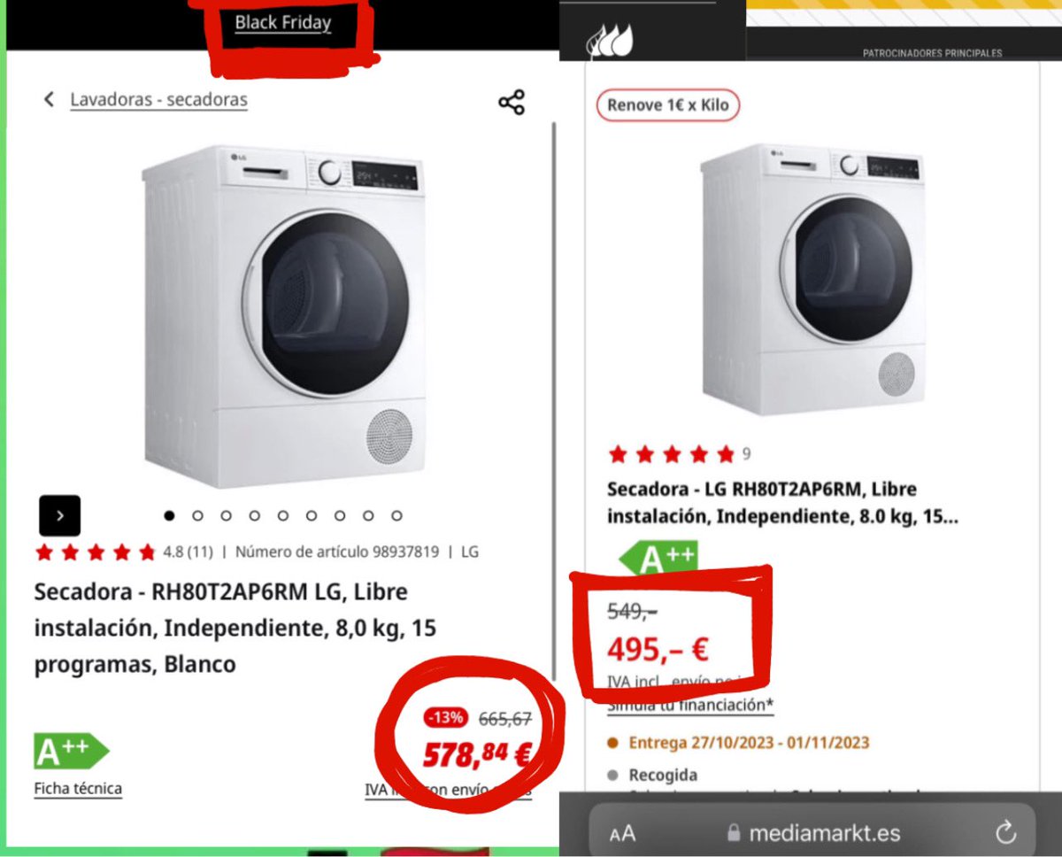 Hola <a href="/MediaMarkt_es/">MediaMarkt España</a> me podéis explicar esto del #BlackFriday no sé si se ha revalorizado la secadora en cosa de un mes. No será esto una #estafa ? <a href="/consumidores/">OCU</a> #BlackFriday2023