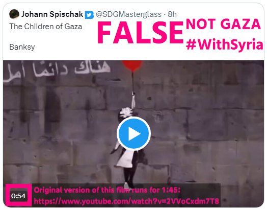 #ガザ投稿翻訳 【デマ注意】
添付画像、デマです。*リツイート等は取り消してください。*
Banksyによるこの映像作品はガザの子どもたちについてのものではありません。2014年3月、シリアの動乱が始まって3年となったときに、WithSyria の名のもとに結集した多数のNGOのキャンペーンでBanksyが制作。1/2