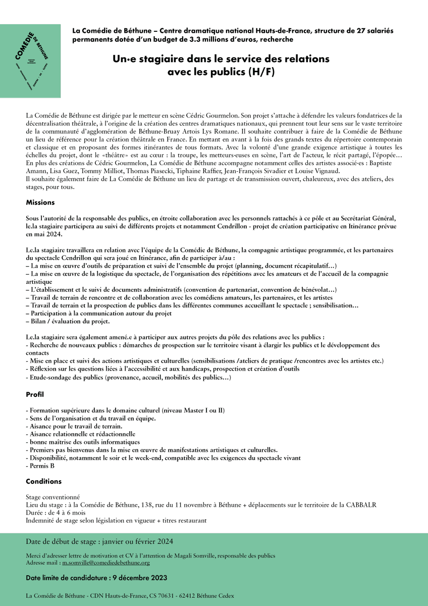 ⧫ 𝗥𝗘𝗖𝗥𝗨𝗧𝗘𝗠𝗘𝗡𝗧 ⧫
Le CDN recherche 𝗨𝗻.𝗲 𝘀𝘁𝗮𝗴𝗶𝗮𝗶𝗿𝗲 𝗱𝗮𝗻𝘀 𝗹𝗲 𝘀𝗲𝗿𝘃𝗶𝗰𝗲 𝗱𝗲𝘀 𝗿𝗲𝗹𝗮𝘁𝗶𝗼𝗻𝘀 𝗮𝘃𝗲𝗰 𝗹𝗲𝘀 𝗽𝘂𝗯𝗹𝗶𝗰𝘀 (𝗛/𝗙) Candidature avant le 9 décembre 2023
#theatre #bethune #cdn #hautsdefrance #art #nord #pasdecalais #stage62