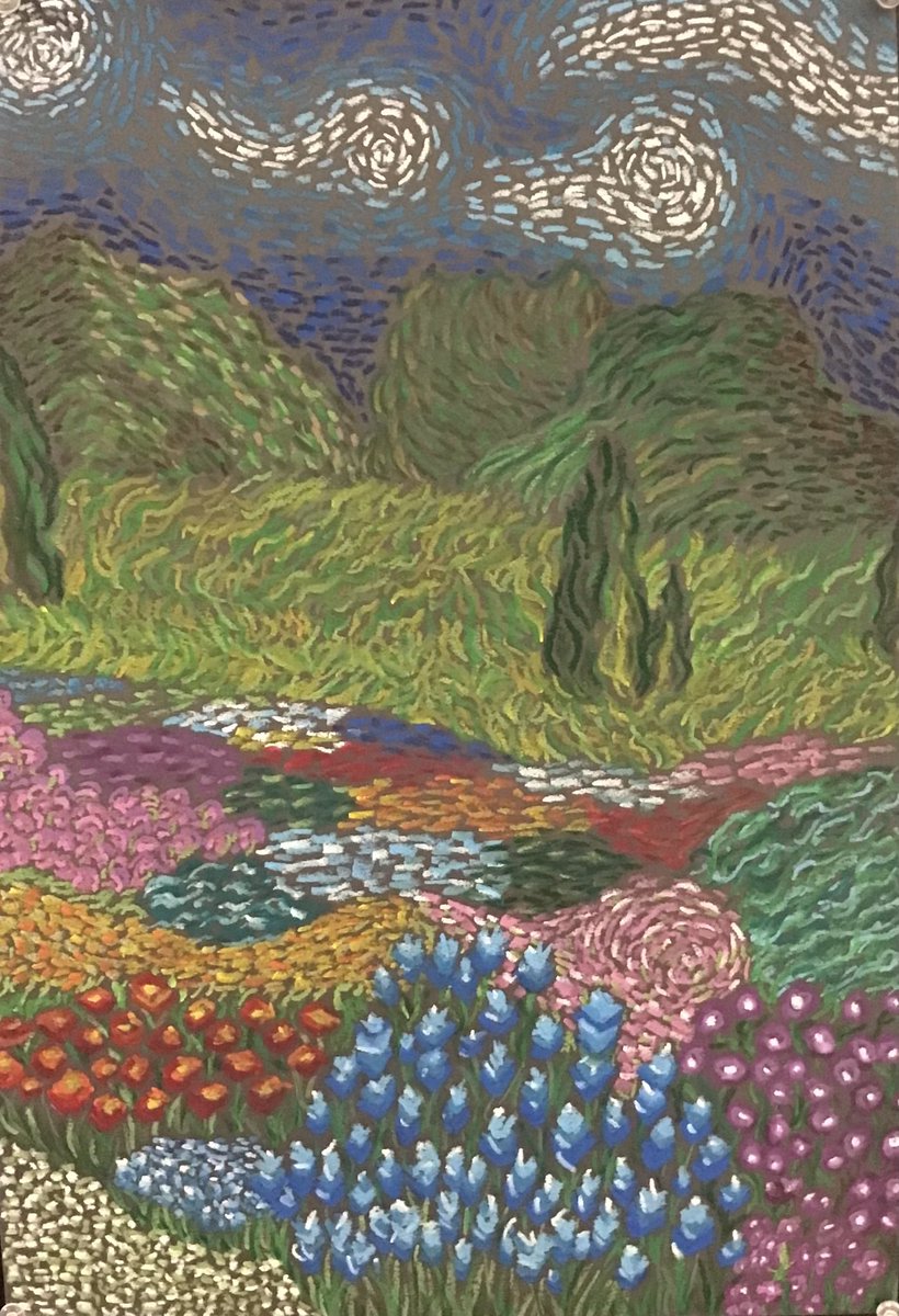 ms_cooney's tweet photo. Studio Art 2 drew oil pastel landscapes inspired by Vincent Van Goghβs use of bold color and expressive line that creates a sense of movement πππ» #403art #studentartwork #vincentvangogh https://t.co/c1AbXrtMbK