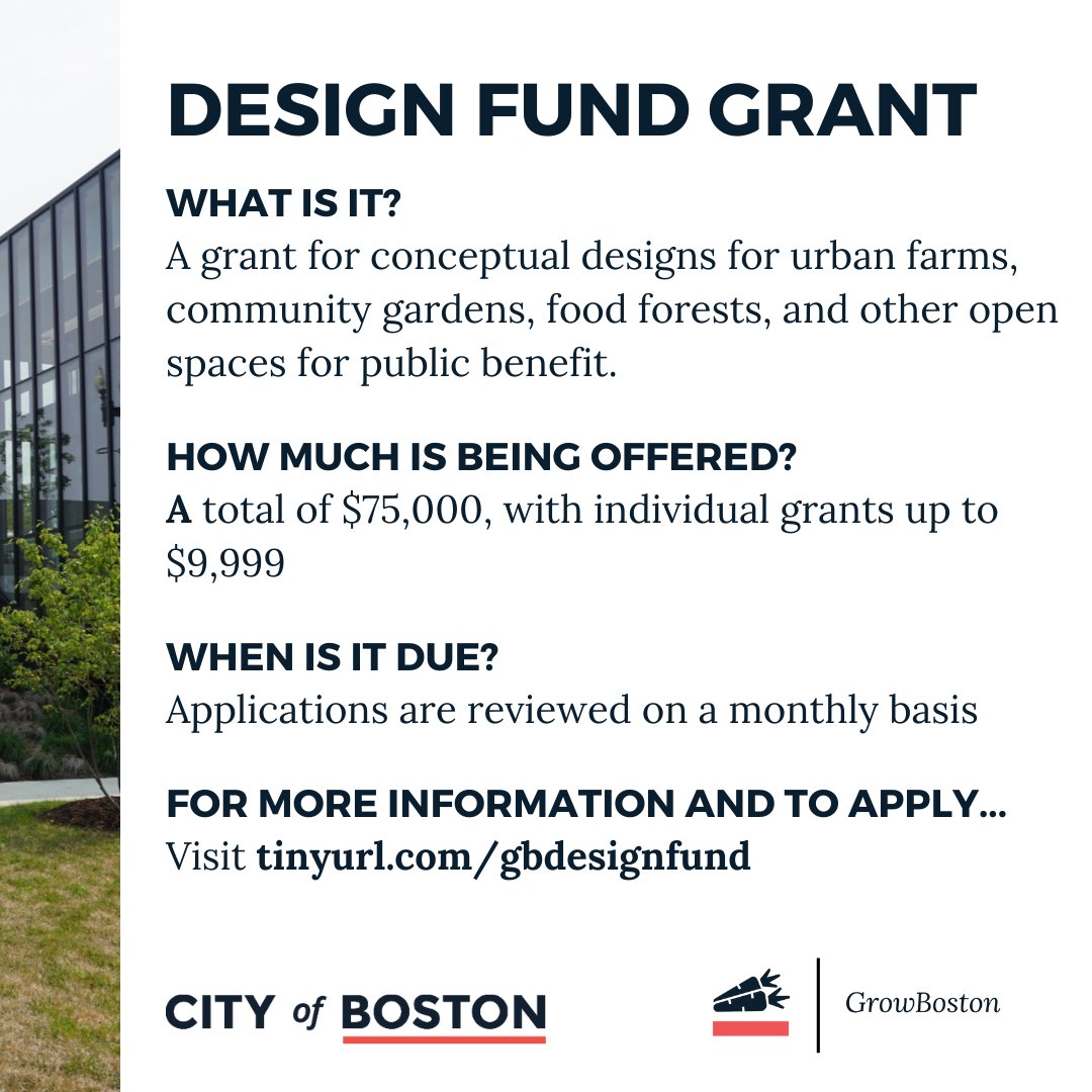 Please apply now for our @GrowBostonCOB's new #GrassrootsOpenSpace grant and get the resources you need to respond to RFPs! #GrowBoston is here to help. Questions? Please email GrowBoston at growboston@boston.gov, and let's make change happen! ➡️ ow.ly/FapM50Qa57E