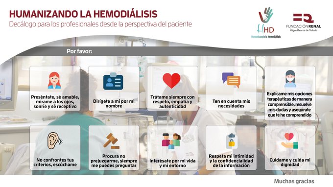 👋Preséntate
🫲 Sé amable
👀 Mírame a los ojos
😊 Sonríe

🟢Esto es lo primero que nos piden los #pacientesrenales cuando llegan a un centro

🟢 Y este nuestro 'Decálogo de #Humanización' 👇🏻

🟢 ¿Añadirías algo +? ¡Nos encantaría que nos hicieras llegar tus sugerencias!