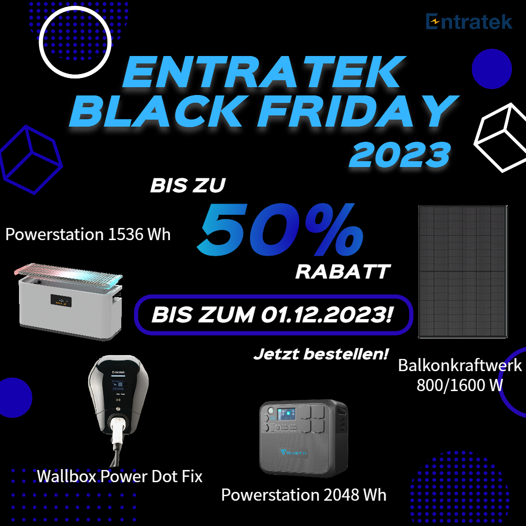 Entratek's tweet photo. BLACK FRIDAY DEALS! 
Highlight: Bis 50% Rabatt auf #Ladestationen, PV-Anlagen &amp; #Speicher - #Balkonkraftwerk ab 299 €!

Schnapp dir jetzt die besten Deals und werde Teil der grünen Energierevolution!
https://t.co/mPARROTC6Q

#blackfriday2023  #greenenergy  #sale  #solarpower https://t.co/vfA6XN71hb