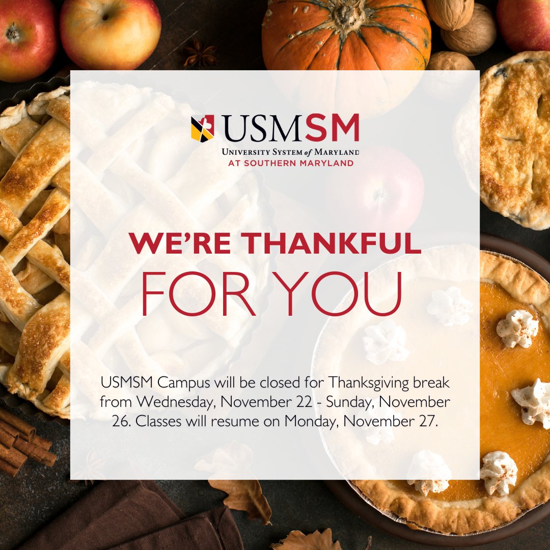 The USMSM Campus will be closed for Thanksgiving break from Wednesday, November 22 through Sunday, November 26. Classes will resume on Monday, November 27.

We’re thankful that you’re a part of the USMSM community. 

Have a wonderful holiday break!