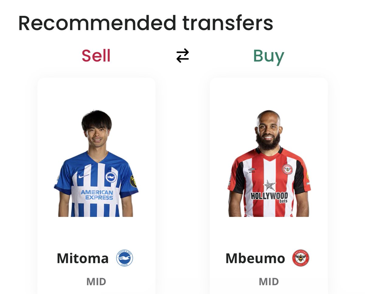 BigManBakar's tweet image. AI thinks that I should sell Mitoma for Mbeumo this week. 

I&apos;ve already made the transfer, so it is nice to get some reassurance from the algorithm!

Check out recommended transfers for your own team for FREE here: 👇 

fantasyfootballhub.co.uk/ai-team-rating…