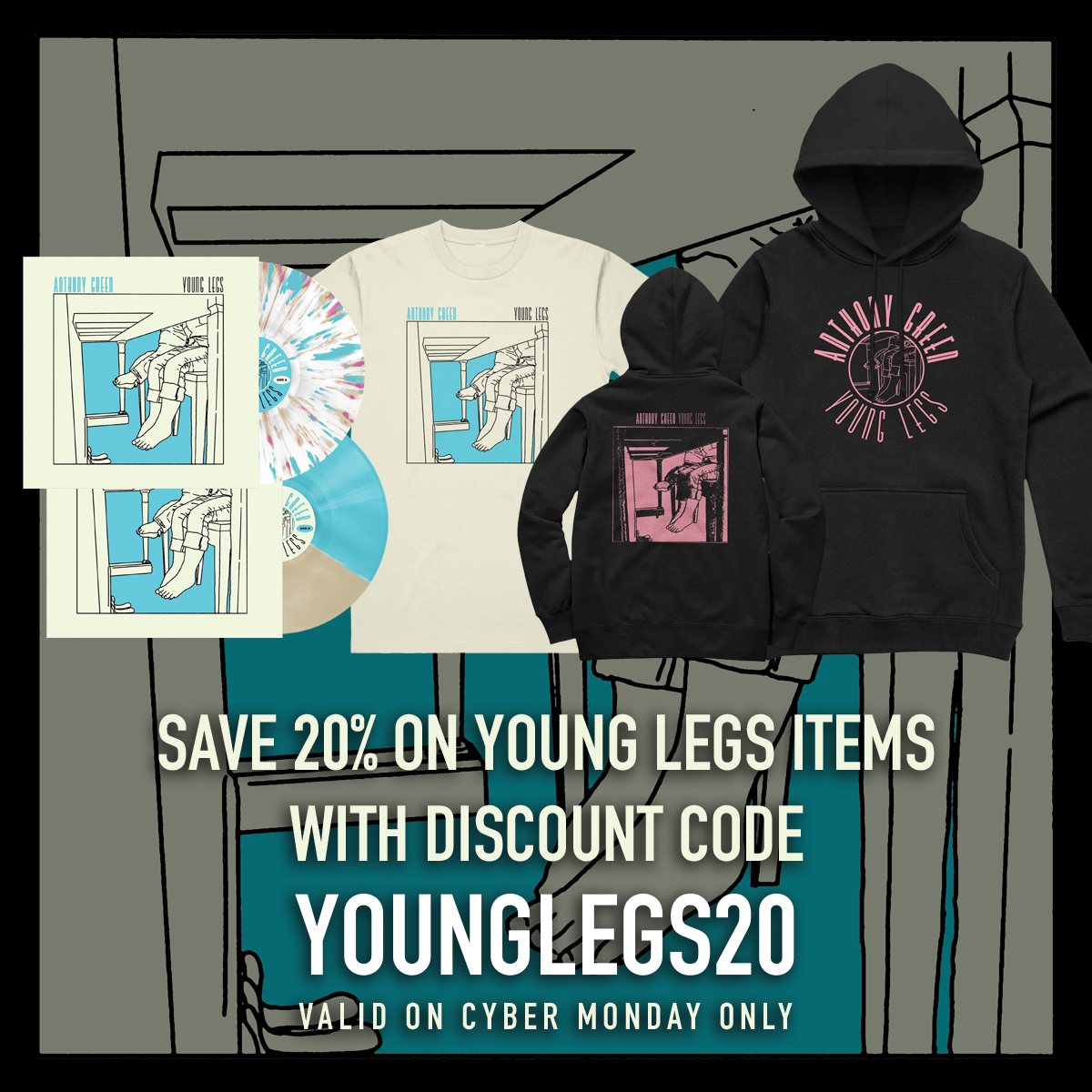 Save 20% on Young Legs 10 Year Anniversary Vinyl and Apparel by using discount code 'YOUNGLEGS20' at checkout. Only valid through Monday, November 27. anthonygreenmerch.com