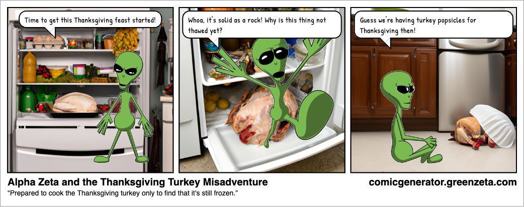 greenzeta's tweet photo. Alpha forgot to thaw the #Thanksgiving turkey but there's still time for you: https://t.co/xBd87MCO1X
 
Unleash your creativity with the Zeta Comic Generator! 
#AI  #AIart  #characterart  #GenerativeArt #sciencefiction #scifi #humor #Aliens #holiday #tgiving https://t.co/BlnSwT7Aq5